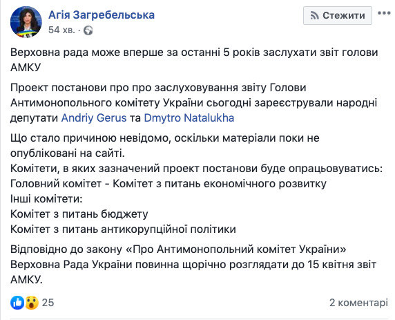 Верховная рада может впервые за 5 лет заслушать отчет главы АМКУ, - Загребельская 01
