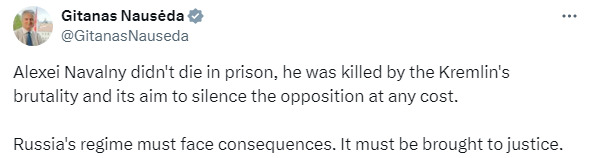 Президент Литви Гітанас Науседа про смерть Навального