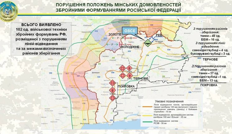 РФ, порушуючи Мінські домовленості, стягнула до лінії фронту на Донбасі 102 одиниці військової техніки, - пресцентр ОС. КАРТА