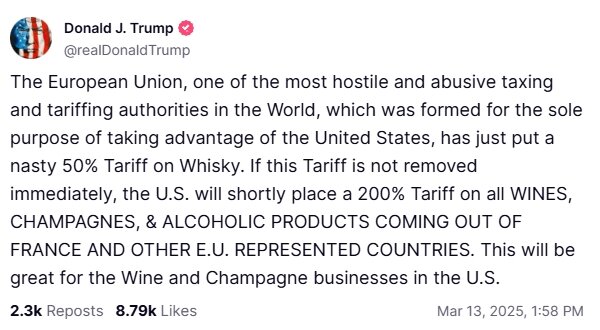 Трамп пригрозив ЄС запровадити 200% мита на вино та шампанське