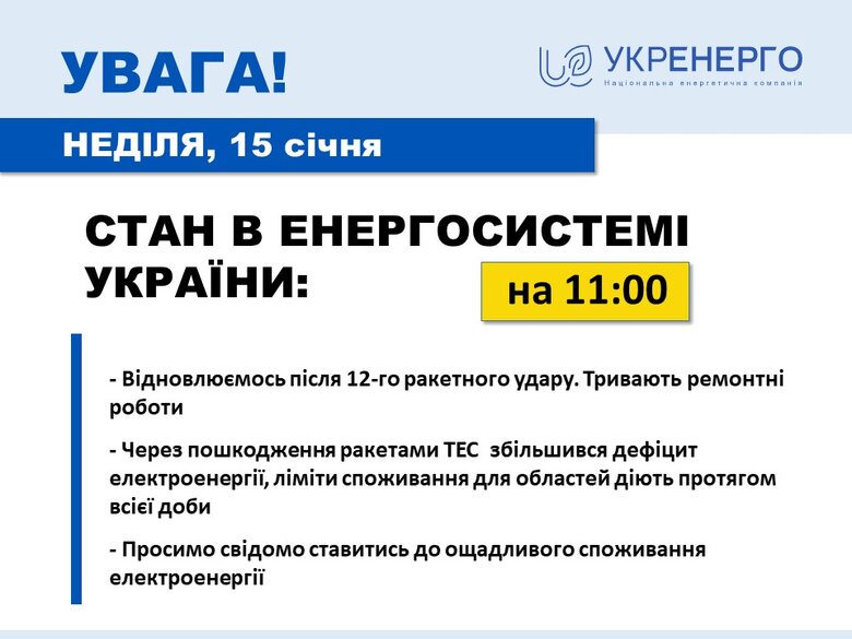 Енергосистема відновлюється після ракетного удару, дефіцит електроенергії збільшився, - Укренерго 01