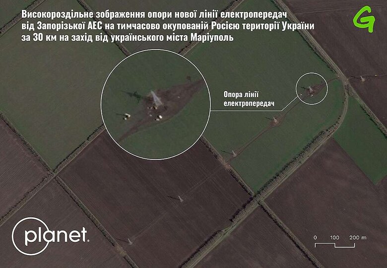 Зображення 3: Високороздільний супутниковий знімок Sky Sat від 15 квітня 2025 р. Опора для нової лінії електропередач від атомної електростанції Запорізької АЕС на тимчасово окупованій території України.