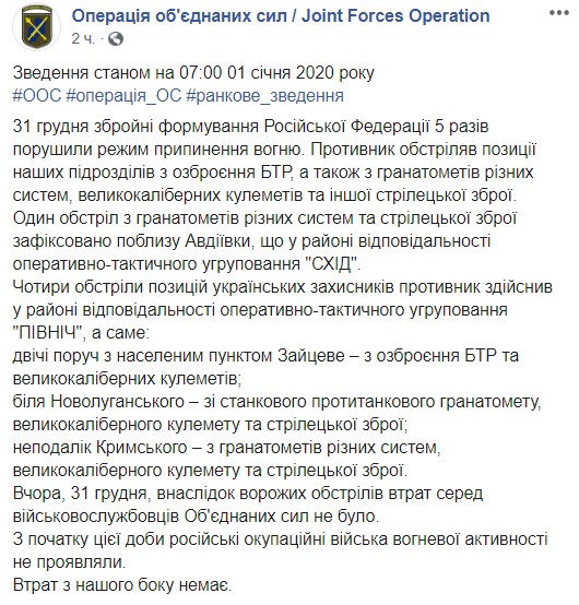 Враг за сутки 5 раз обстреливал позиции украинских воинов на Донбассе, потерь нет, - штаб ОС 01