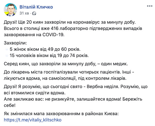 В Киеве 416 подтвержденных случаев COVID-19, за сутки заболели еще 20 человек, в больницы доставили только четверых, - Кличко 01