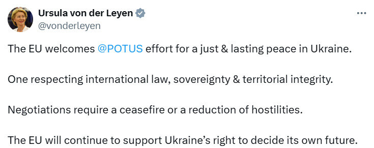 Фон дер Ляйен прокомментировала встречу Трампа и Путина
