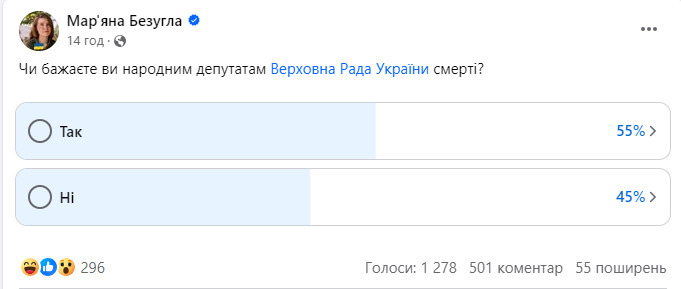 Чи бажаєте ви смерті депутатам Верховної Ради? - Слуга народу Безугла оголосила опитування громадян із одним питанням 01