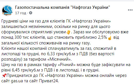 Нафтогаз не будет повышать цену на газ для населения в декабре 01