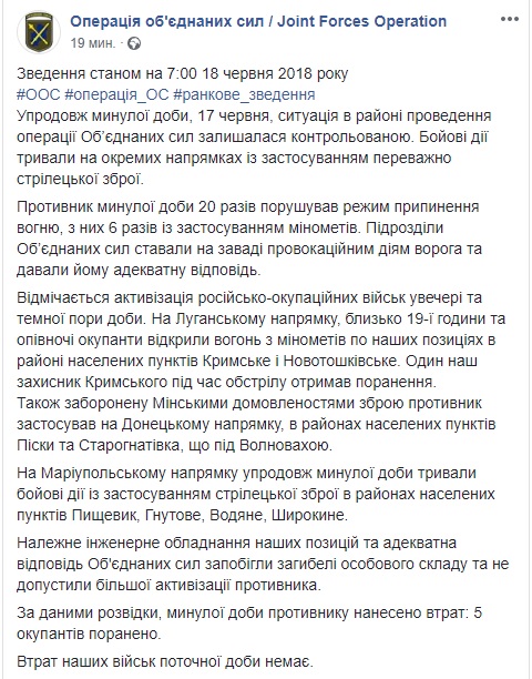 Враг за сутки 20 раз нарушил режим прекращения огня, один украинский воин был ранен, - ООС 01