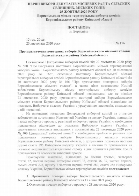 Повторні вибори мера Борисполя відбудуться 17 січня 01