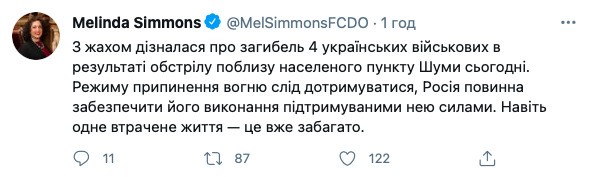 Посол Великої Британії Сіммонс: РФ має забезпечити припинення вогню 01