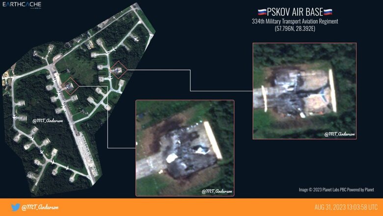 Спутниковые снимки подтверждают уничтожение самолетов на аэродроме в Пскове 02