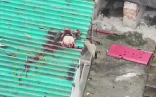 Верхня частина окупанта залетіла на дах сарайчика після удару дрона, лежить там і смикається. ВIДЕО 18+