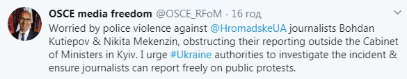 У журналістів має бути можливість вільно працювати під час публічних протестів, - в ОБСЄ закликали розслідувати застосування сили проти Кутєпова 01