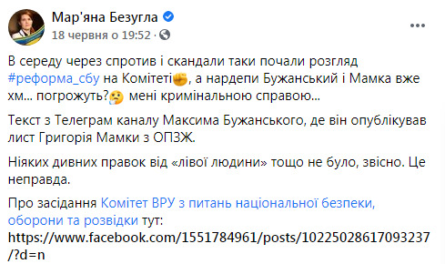 Комитет ВР по нацбезопасности начал рассмотрение поправок в законопроект о СБУ: мне уже угрожают уголовным делом, - слуга народа Безуглая 06