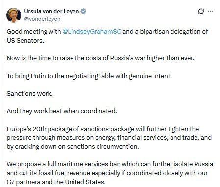 Фон дер Ляєн обговорила санкції із сенаторами США