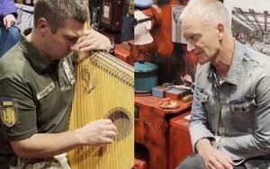 Sting singing to accompaniment of Ukrainian soldier