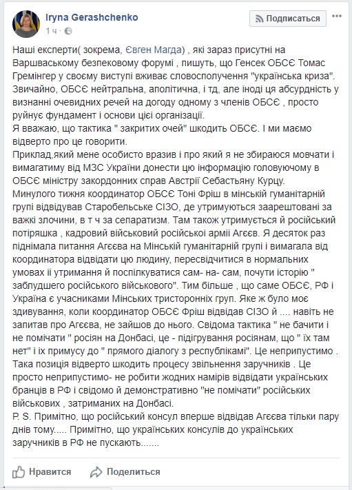 Тактика закрытых глаз вредит ОБСЕ, - Ирина Геращенко 01
