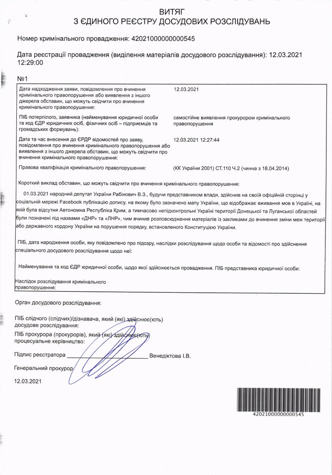 Против нардепа ОПЗЖ Рабиновича возбудили уголовное производство из-за публикации карты Украины без Крыма 03