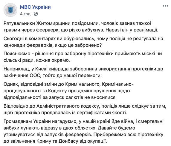 У полицейских нет полномочий наказывать за петарды и фейерверки, - МВД 01