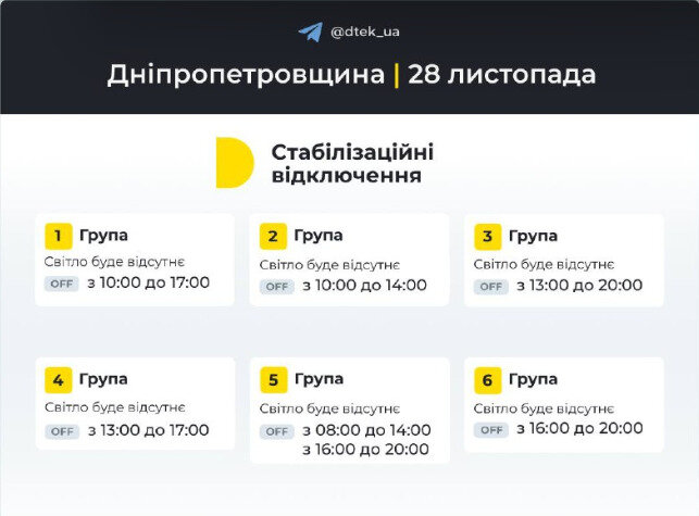 Графіки відключень світла на 28 листопада