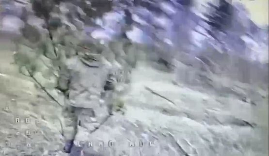 Россиянин тщетно прячется от украинского дрона за сосновой веткой, которую нес в руках