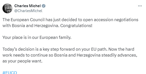 Глава Євроради Шарль Мішель про переговори щодо членства Боснії і Герцоговини в ЄС