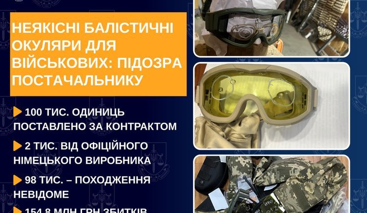 Поставка некачественных баллистических очков на 154,8 миллиона гривен: директору предприятия сообщено о подозрении