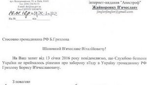 SBU not prohibited Gryzlov’s entry into Ukraine. DOCUMENT (in Ukrainian)