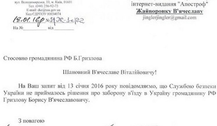 SBU not prohibited Gryzlov’s entry into Ukraine. DOCUMENT (in Ukrainian)