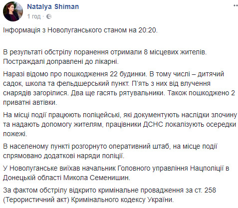 Унаслідок обстрілу Новолуганського поранень зазнали 8 місцевих жителів, - Нацполіція 01