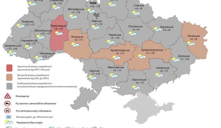 Критический уровень аварийности зафиксирован в Хмельницкой области, высокий - еще в четырех регионах. ИНФОГРАФИКА