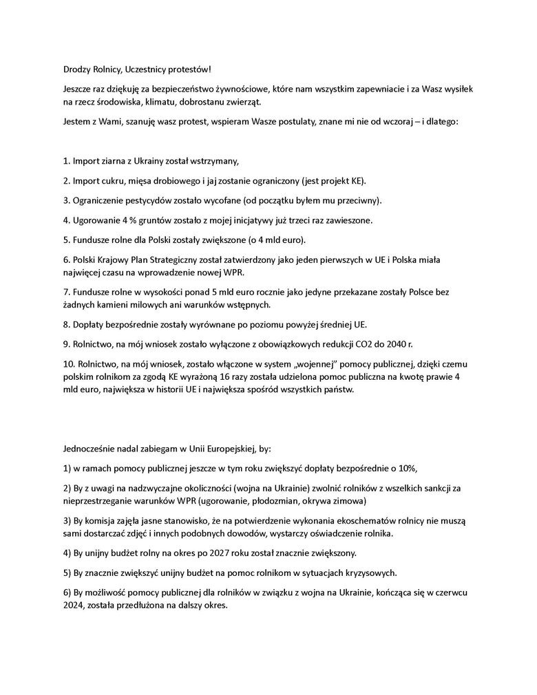 Лист єврокомісара Войцеховського польським фермерам