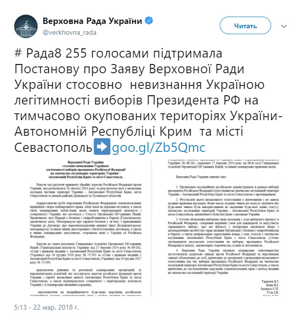 Рада визнала нелегітимними вибори президента РФ в окупованому Криму 01