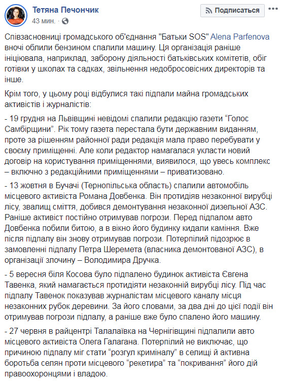 Соосновательнице Батьки SOS Парфеновой ночью сожгли автомобиль 02