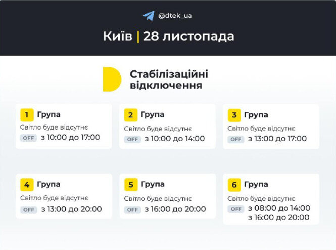 Графіки відключень світла на 28 листопада