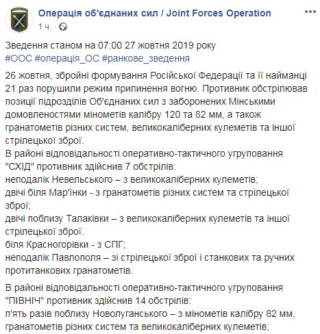 Оккупанты РФ вчера 21 раз нарушили перемирие на востоке: потерь нет 01