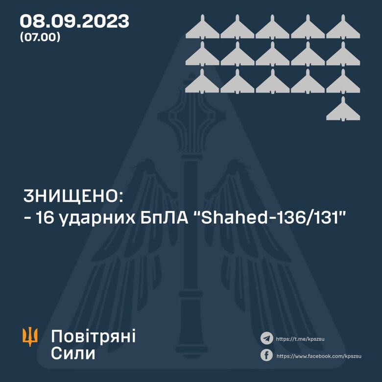 Силы ПВО уничтожили 16 шахедов из 20, - Воздушные силы 01