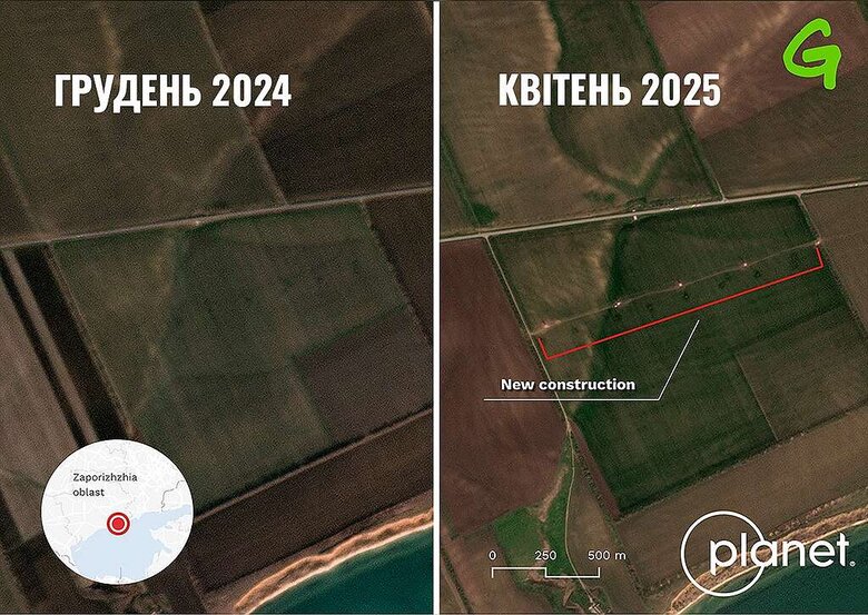 Супутниковий знімок нової лінії електропередач, що будується Росією на тимчасово окупованій території України для з’єднання Запорізької атомної електростанції з Ростовом у Росії.