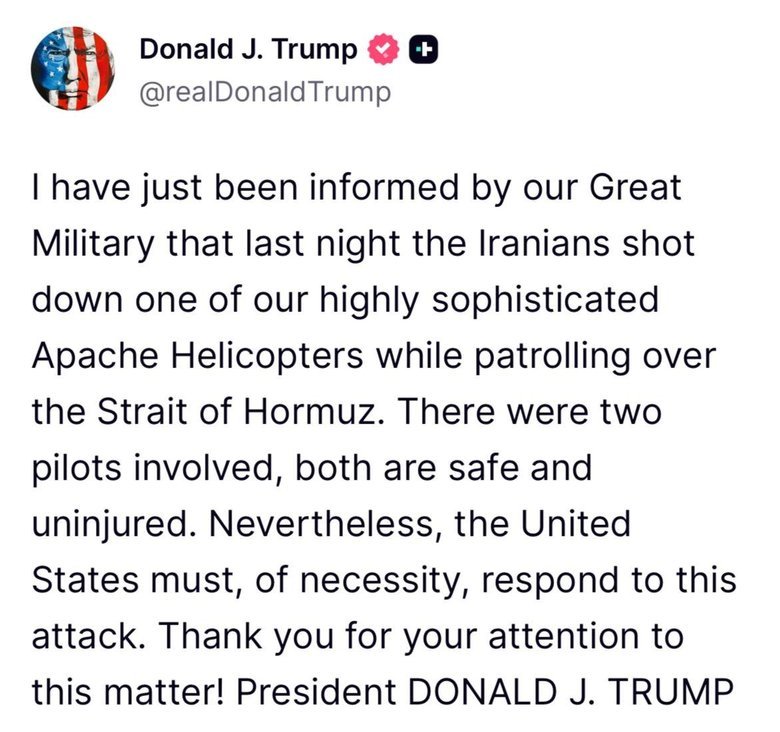 Трамп заявив, що Іран збив гелікоптер AH-64 Apache в районі Ормузької протоки