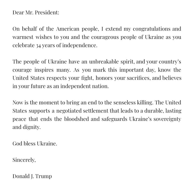 Trump congratulates Ukraine on Independence Day