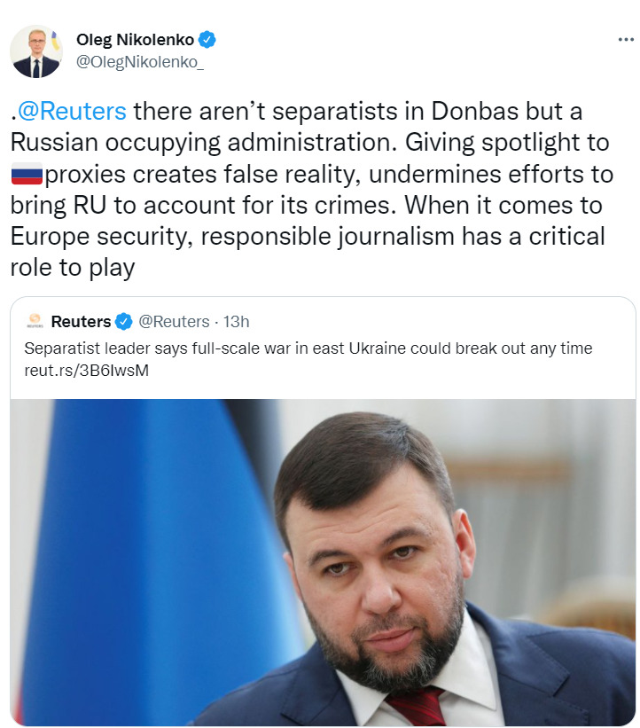 Речник МЗС Ніколенко дорікнув Reuters: На Донбасі не сепаратисти, а російська окупаційна адміністрація 01