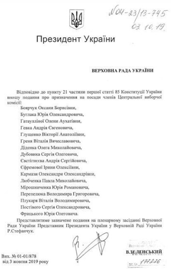 Зеленский внес в Раду представление на новый состав ЦИК 01