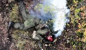 Тіло ліквідованого окупанта сильно димить на полі бою. ВIДЕО 18+