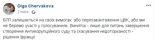 Или перезагрузка ЦИК, или мы не принимаем участия в голосованиях, - Червакова озвучила решение фракции БПП 01