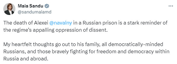 Президентка Молдови Мая Санду про смерть Навального