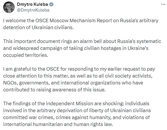 Дмитро Кулеба про звіт ОБСЄ щодо злочинів РФ на окупованих територіях України