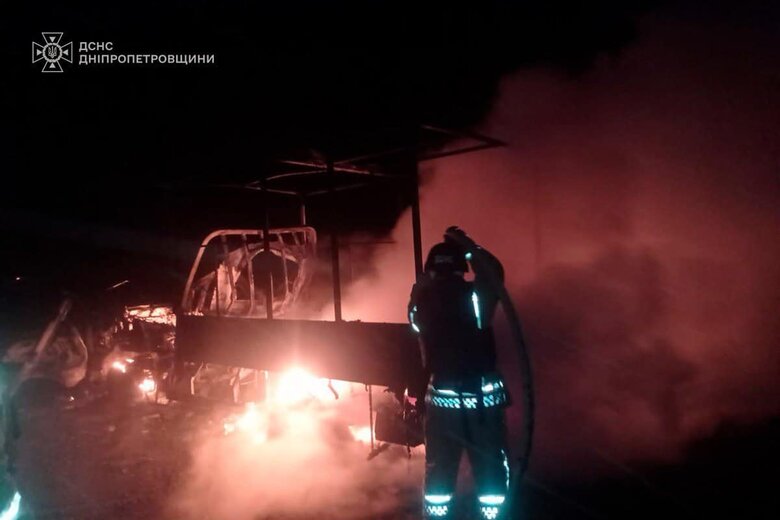 Fire at the site of an enemy drone hitting a truck