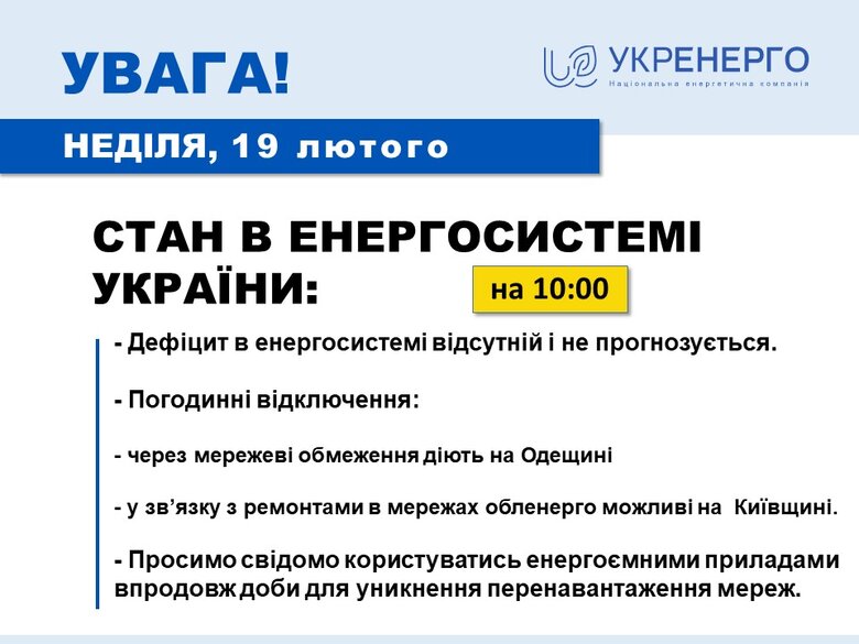 Дефіцит потужності в енергосистемі відсутній, ліміти не доводились, - Укренерго 01