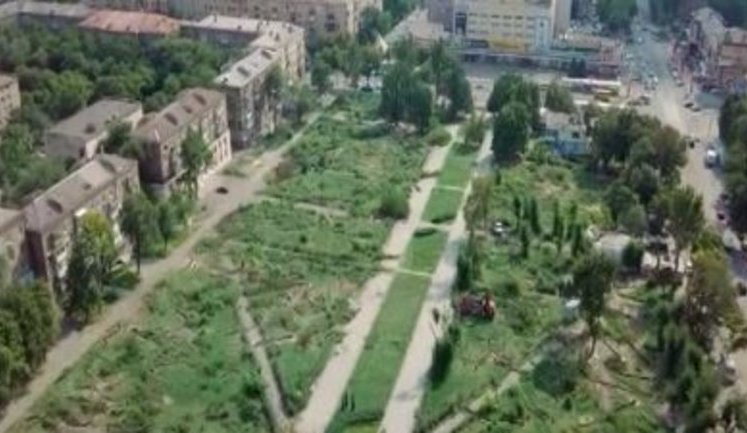 City workers guarded by bullies cut down 500 trees in downtown Zaporizhia to clear ground for shopping center construction. VIDEO&PHOTOS