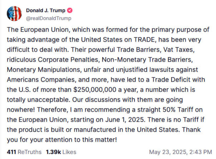 Трамп запропонував 50% мито на імпорт з ЄС з червня 2025 року